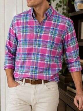 Ralph Lauren Pink Blue Plaid Shirt XL Pony Logo Cotton Preppy Casual Old Money